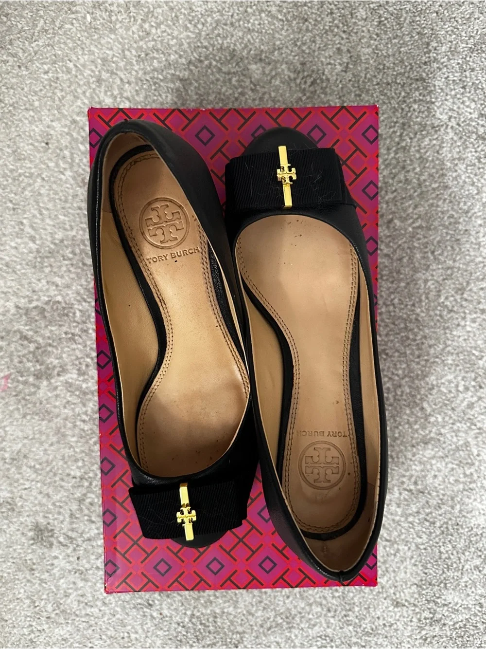 Tory Burch Black Leather Bow Ballet Flats with Gold Logo